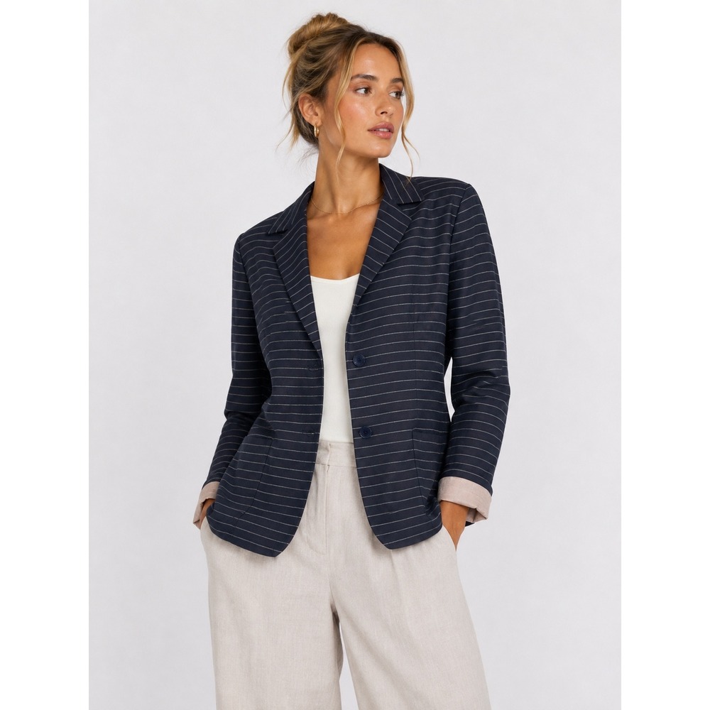 Linen Blend Pinstripe Blazer 10P Navy Petite Preppy Old Money Academia Tailored